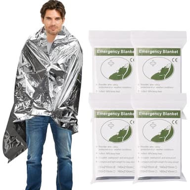 4 Pack Emergency Blanket, Premium Mylar Bankets, Thermal Blanket for Camping, Space Blankets Survival, Foil Blankets for Warmth, Heat Reflective Blanket for Outdoors, Hiking, Marathons, First Aid