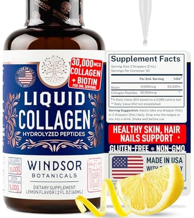 Liquid Collagen for Women and Men with Biotin - 30,000mcg Hydrolyzed Collagen Liquid Peptides Supplement plus Biotin for Hair, Skin, Nail Support - Sublingual Drops or in Drinks - Natural Lemon, 2 oz