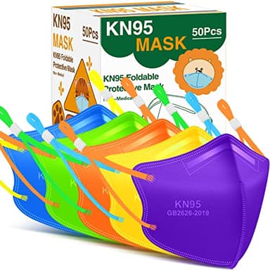 RANTO Kids KN95 Masks for Children, 50Pack 5-Layer Multicolored Disposable KN95 Face Masks with Adjustable Ear Loop for Boys Girls