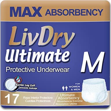 LivDry Ultimate Adult Incontinence Underwear, Max Absorbent Adult Diapers with Leak Protection, Medium, 17-Pack