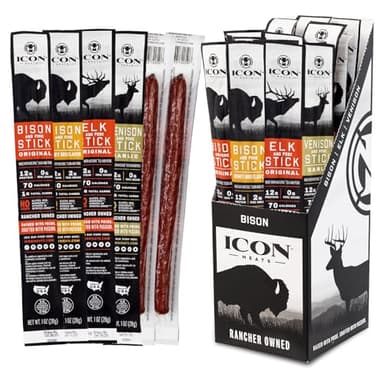 ICON Meats Snack Sticks Sampler, 24 Pack High Protein Snacks, Assorted Bison, Elk, Venison & Pork Individually Wrapped Meat Sticks 6 Per Flavor, Gluten Free, Low Sugar, Gifts for Him