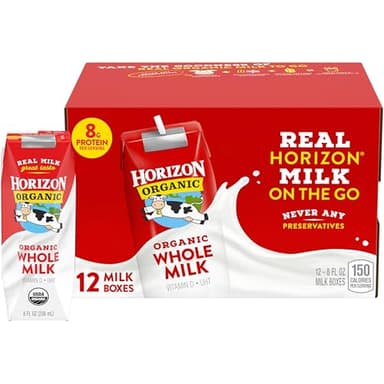 Horizon Organic Shelf Stable Whole Milk Boxes, 8 fl oz, 12 Count - 8g Protein per Serving, USDA Organic UHT from Pasture-Raised Cows, Ready to Drink for Lunchbox, Travel, or On-the-Go, No Refrigeration Needed