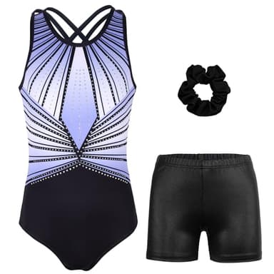 MODAFANS Gymnastics Leotards for Girls with Shorts Sparkly Ballet Dance Set Cross Back Activewear 8-9Years,Bluish-black Diamond