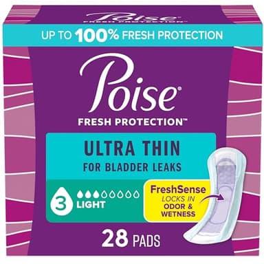 Poise Ultra Thin Incontinence Pads & Postpartum Pads for Bladder Leaks, 3 Drop Light Absorbency, Regular Length, 28 Count, Packaging May Vary