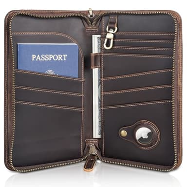 Polare Full Grain Leather Family Travel Passport Wallet and Documents Organizer RFID Blocking Case Holder Fits 6 Passports for Men and Women(Dark Brown with AirTag Slot)