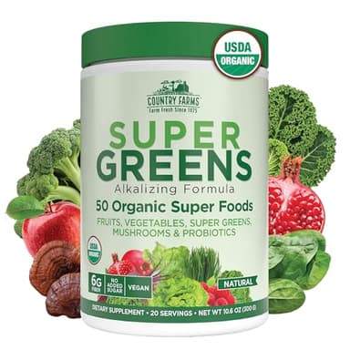 Country Farms Organic Super Greens Natural Flavor, 50 Organic Super Foods, Packed with Fiber, USDA Organic Drink Mix, Fruits, Vegetables, Mushrooms & Probiotics, Supports Energy, 6g Fiber