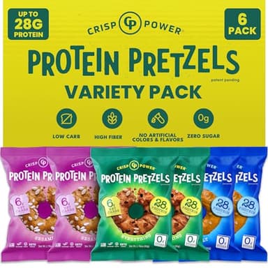 CRISP POWER Protein Pretzels, Variety Pack With Sea Salt, Sesame, & Everything, Up To 28G Protein, High Protein Snack, High Fiber, Low Carb Crunchy Pretzel Snacks, No Added Sugar, 1.75 oz Bags, 6 Pack, Vegan, Keto