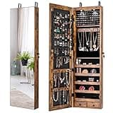 Giantex Wall Door Mounted Jewelry Armoire Cabinet with 47.5" H Full Length Mirror, 2 LEDs Lockable Jewelry Organizer Box with Bracelet Rod, 2 Drawers, Large Storage Capacity (Rustic Brown)