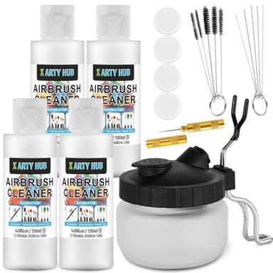 X ARTY HUB Airbrush Cleaning Kit - 4 * 4.05 fl oz / 120 ml Airbrush Cleaner with Glass Cleaning Pot, Easily Handle Water-Based and Acrylic Paints, for Airbrushes & Other Artistic Tools