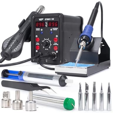 WEP 8786D-I SE Hot Air Soldering Iron Station Kit 2-IN-1 for Rework, Desoldering with Lead-Free Solder Wire, 5 Soldering Tips, 3 Hot Air Nozzles,Tweezers, Desoldering Pump