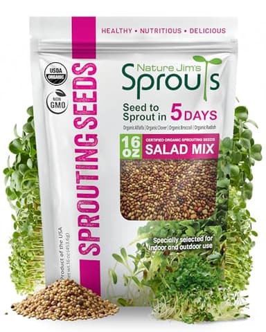 Nature Jims Sprouts Organic Salad Mix – Non-GMO Microgreen Seeds for Growing – Healthy Broccoli, Alfalfa, Radish & Clover Sprouting Variety Blend – Microgreens & Sprouts Seeds for Home Gardening – 1lb