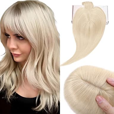 Elailite Hair Toppers for Women Real Human Hair Topper with Bangs Thinning Thin 5.1"x2.8" Silk Base Clip in Remy Hairpieces 12 Inch Platinum Blonde
