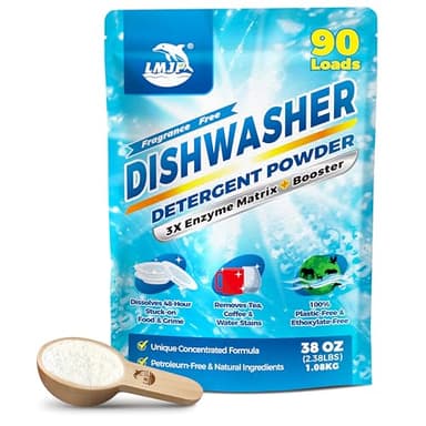 Dishwasher Detergent Powder + Booster, 90 Loads | Plastic-Free, Eco-Friendly Dishwasher Soap – Pods Alternative, Concentrated Plant-Based Enzymes – Cuts Grease & Grime, No Water Spots (Fragrance-Free)