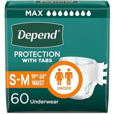 Depend Adult Diapers with Tabs, Incontinence Protection with Tabs, Unisex, Small/Medium (19–34" Waist, Up To 170 lbs), Maximum Absorbency, 60 Count (3 Packs of 20)