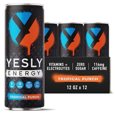Yesly Energy Drink, Tropical Punch, Naturally Flavored Sparkling Energy Drink With Electrolytes, Magnesium, Potassium, Vitamin C, B6 & B12, Natural Caffeine From Green Tea, 12 Fl Oz Cans, 12 Pack