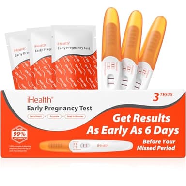 iHealth Pregnancy Test 3-Pack, Early Detection Ultra-Sensitive Results 6 Days Before Missed Period, Over 99% Accurate. Easy at-Home Fertility HCG Test Kit, Individually Wrapped, Pruebas de embarazo