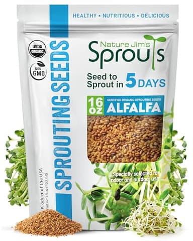 Nature Jims Sprouts Alfalfa Seeds – Non-GMO Organic Sprout Growing Kit for Planting – Premium Resealable Bag for Fresh Homegrown Sprouting Seeds – Rich in Nutrients, Vitamins, Fiber & Minerals – 16oz