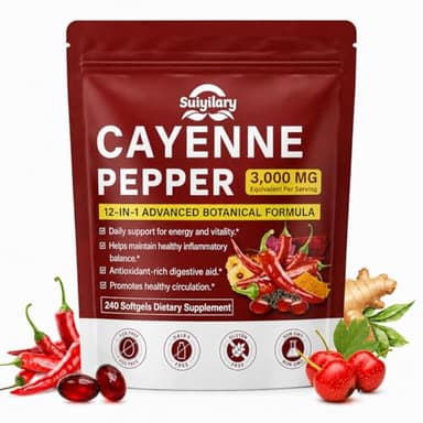 Cayenne Pepper Softgels Capsules, Capsaicin Supplements, Supports Leg Vein, Heart, Blood Vessel Health, 12-in-1 Extracts blend Vitamin E D3+K2, Grape Seed, Hawthorn, Beetroot, Berberine (240 count)