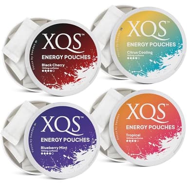 XQS Functional Energy Pouches Variety Pack. 4-100mg Caffeine, Zero Sugar, Tobacco and Nicotine Free Pouches for Energy Boost – 20 Count Each: Tropical, Citrus Cooling, Blueberry Mint & Black Cherry