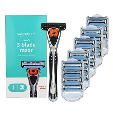 Amazon Basics 3-Blade Motion Sphere Razor for Men with Dual Lubrication, Pivoting Head for Comfortable Shave, Handle & 20 Cartridges, 21 Piece Set, Black (Previously Solimo)