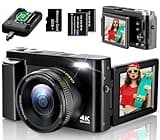 4K Digital Camera for Photography, UHD Autofocus 48MP 180° Flip Screen 16X Zoom Compact Point Shoot Vlogging Camera for YouTube with 2 Batteries, 32GB Card (Black)