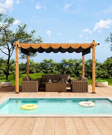 GarveeLife 10 x 13 ft Wood-Grain Aluminum Pergola Outdoor Pergola with Retractable Canopy Sun Shade Shelter for Garden, Patio, Backyard, Deck - Gray