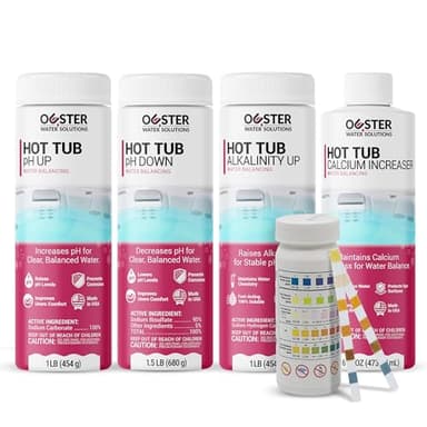 Bio Ouster Hot Tub Water Balancing Kit – Spa pH Up, pH Down, Alkalinity Increaser, Calcium Hardness Increaser & Test Strips – Spa Chemicals Starter Kit for Inflatable & Acrylic Hot Tubs – Made in USA