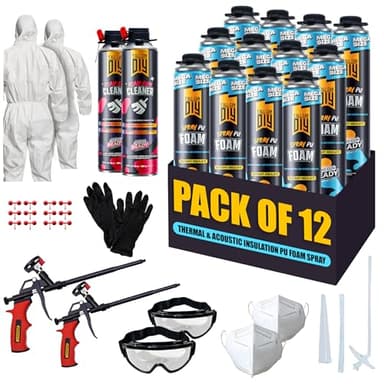 Closed Cell Spray Foam Insulation Kit (12 Pack - 36.6 oz) Expanding Foam for Thermal & Soundproofing - Including 2 Teflon-Coated Guns, 2 Cleaners, 2 Safety Suits, 2 Safety Glasses and Gloves