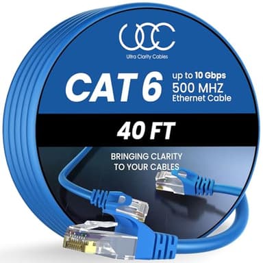Cat 6 Ethernet Cable 40 ft, 10Gbps High Speed Ethernet Cable, Internet Cable Outdoor&Indoor, Rj45 Cat6 Cable Long Ethernet Cable for Computer, Router, Modem, PS4/5, Xbox, Gaming- Blue