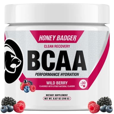 Honey Badger BCAA + EAA Amino Acids Powder, BCAAs + L-Glutamine, Keto, Vegan, Sugar Free for Men & Women, Hydration & Post Workout Muscle Recovery Drink Mix, Wild Berry, 30 Servings