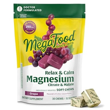 MegaFood Relax + Calm Magnesium Complex with Magnesium Citrate & Malate for Heart Health, Muscle Tension & More – Doctor Formulated - Vegetarian – Grape Flavor - 30 Soft Chews (15 Servings)