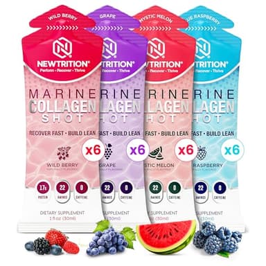 NewTrition® 17,000mg Liquid Protein Shots Fast-Absorbing with Hydrolyzed Marine Collagen, 22 Amino Acids, Vitamin B12, Zero Sugar & Caffeine Recovery Marine Collagen Shots - Easy Protein Packets 1 oz