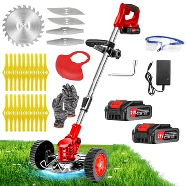 Cordless Weed Wacker Electric Grass Trimmer 21V Battery Powered Weed Trimmer, 3-in-1 Brush Cutter Weed Cutter Lawn Edger with 3 Types Blade & Wheels Lightweight for Garden and Yard Lawn