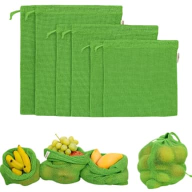 Eco-Friendly Organic Cotton Mesh Produce Bags [Pack of 6] | Reusable Mesh Produce Bags for Grocery Shopping, Fruit & Vegetable Storage | Washable Drawstring Vegetable Bags for Kitchen & Fridge