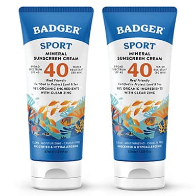 Badger Reef Safe Sport Mineral Sunscreen - Unscented SPF 40, 98% Organic, Water Resistant Zinc, Approved for Hawaii & Mexico Reefs, 2.9 fl oz, 2-Pack