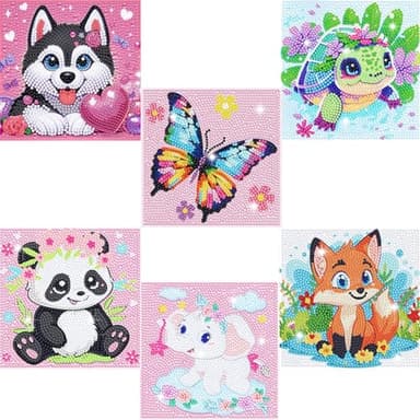 6 Pack Small Diamond Painting Kits for Kids Beginners, 5D Gem Art by Number for Children Ages 6-8-12,Cute Animal Dog Fun DIY Dot Painting Set,Home Wall Decor 6x6 Inch