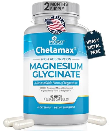Chelamax Magnesium Glycinate.Dead Sea Sourced, 100% Chelated Magnesium for Sleep Support, Muscle Cramps, Bone Health. Made in USA, 3rd Party Tested,Heavy Metal Free,Glicinato de Magnesio Capsules.