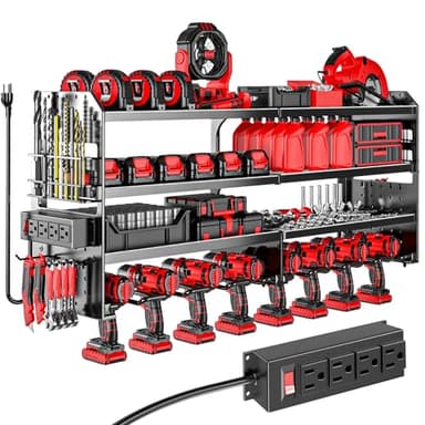 VeyFolzin.st Large Power Tool Organizer Wall Mount with Charging Station, 4 Layer Heavy Duty Metal Cordless Tool Organizer, Tool Storage Rack with 8 Cordless Drill Holder Screwdriver Hammer(Black)