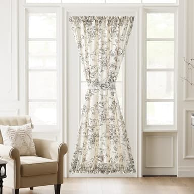 jinchan Floral French Door Curtain Farmhouse Linen for Sliding Glass Door 72 Inches 1 Panel with Tieback Light Filtering Curtain for Window Patio Rod Pocket Black on Linen