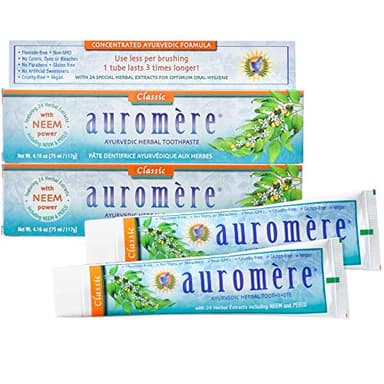 Auromere Ayurvedic Herbal Neem & Clove Toothpaste - All Natural Fluoride Free Toothpaste for Adults and Kids, Suitable for Sensitive Teeth, SLS-Free, Non GMO, Vegan, Cruelty-Free - Fresh Mint, 5 Pack