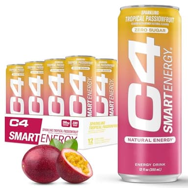 C4 Smart Energy Drink - Sugar Free Performance Fuel & Nootropic Brain Booster, Coffee Substitute or Alternative | Tropical Passionfruit 12 Oz - 12 Pack