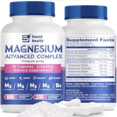 5 in 1 Magnesium Complex Capsule 976mg wtih Magnesium Glycinate, Citrate, Malate, L-Threonate & Vitamin B6, High Absorption Magnesium Complex for Women & Men, Third-Party Tested, Vegan, Non-GMO