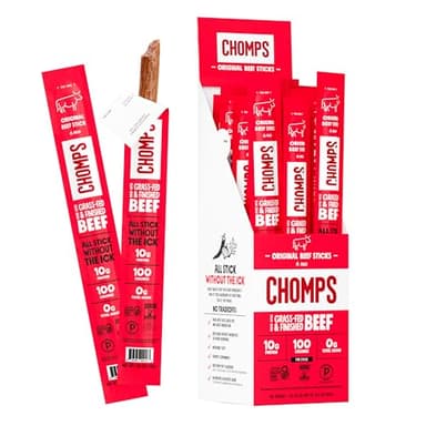 Chomps Grass-Fed and Finished Original Beef Jerky Snack Sticks 24-Pack, Keto, Paleo, Whole30, 10g Protein, Gluten-Free