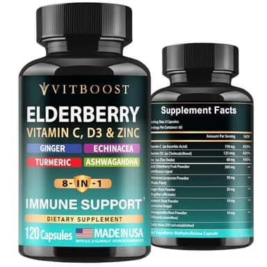 Elderberry Immune Support Supplement 8-in-1 Formula with Echinacea, Vitamin C & Zinc, Vitamin D 5000 IU, Turmeric, Ginger, Ashwagandha – 120 Capsules