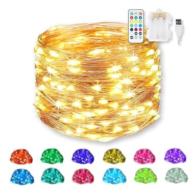RGB Color Changing Fairy Lights, Battery & USB Powered 20 Ft 60 LED Fairy String Lights with Remote, Waterproof Silver Wire for DIY Indoor Outdoor Christmas Decor-13 Colors