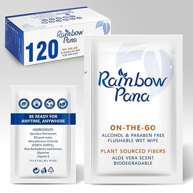 RainbowPana Flushable Wipes - 120 Count, ON-THE-GO Individually Wrapped - Travel Butt Wipes for Men and Women, Family - Infused with Vitamin E and Natural Aloe, pH Balanced, Paraben/Fragrance/Alcohol Free, 100% Plant Sourced Fibers - Cleanse and Moisturize Sensitive Skin - Upgrade Your Bathroom Experience with Biodegradable Wet Wipes