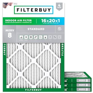 Filterbuy 16x20x1 Air Filter MERV 8 Essential Dust & Allergy Defense (4-Pack), Electrostatic Pleated HVAC AC Furnace Filters Replacement (Actual Size: 15.50 x 19.50 x 0.75)
