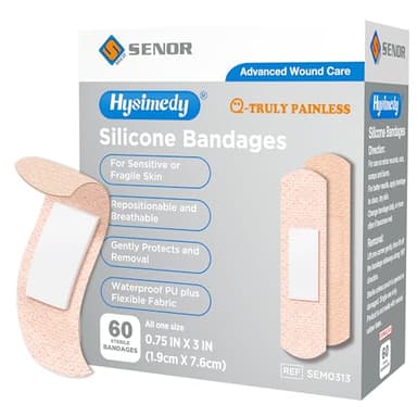 Hysimedy Silicone Adhesive Bandages Small Sizes for Sensitive Fragile Skin 3/4"x3" 60 Count Flexible Fabric Latex Free Hypoallergenic Breathable Bandages for Adhesive Allergy Wounds
