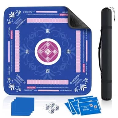 Qwiayeal Mahjong Mat (33"x33") with 6 Mahjong Playing Instructions,4Tile Mixer,4Dice & Carrying Bag,Non-Slip and Silent Travel Mahjong Set for Mahjong/Poker/Board Games/Card Games/Dominoes (Blue-1)