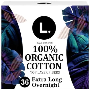 L. Ultra Thin Pads for Women, Organic Cotton Top Layer, Overnight Absorbency, Menstrual Pads with Wings, Made Without Synthetic Pesticides and Fragrances, 36 Count